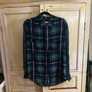 Green and Navy Plaid Button-Up Shirt